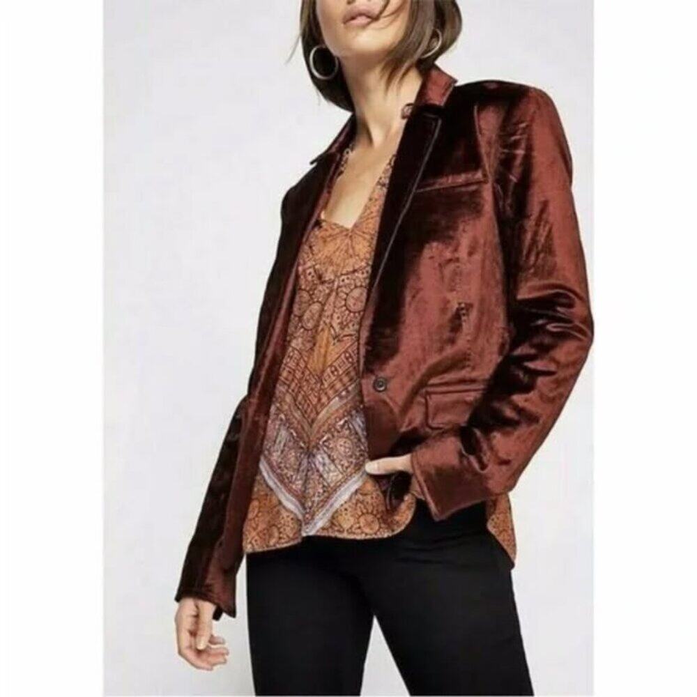 Free People Women's Halo Blazer Jacket in Brown Red Velvet Size XS